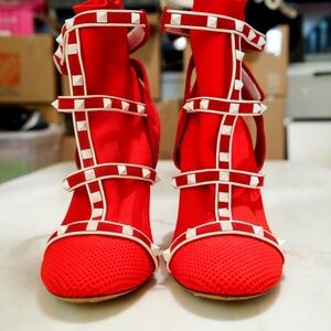 Valentino Rockstud Bodytech Red White Sock Knit Ankle Heel Boot